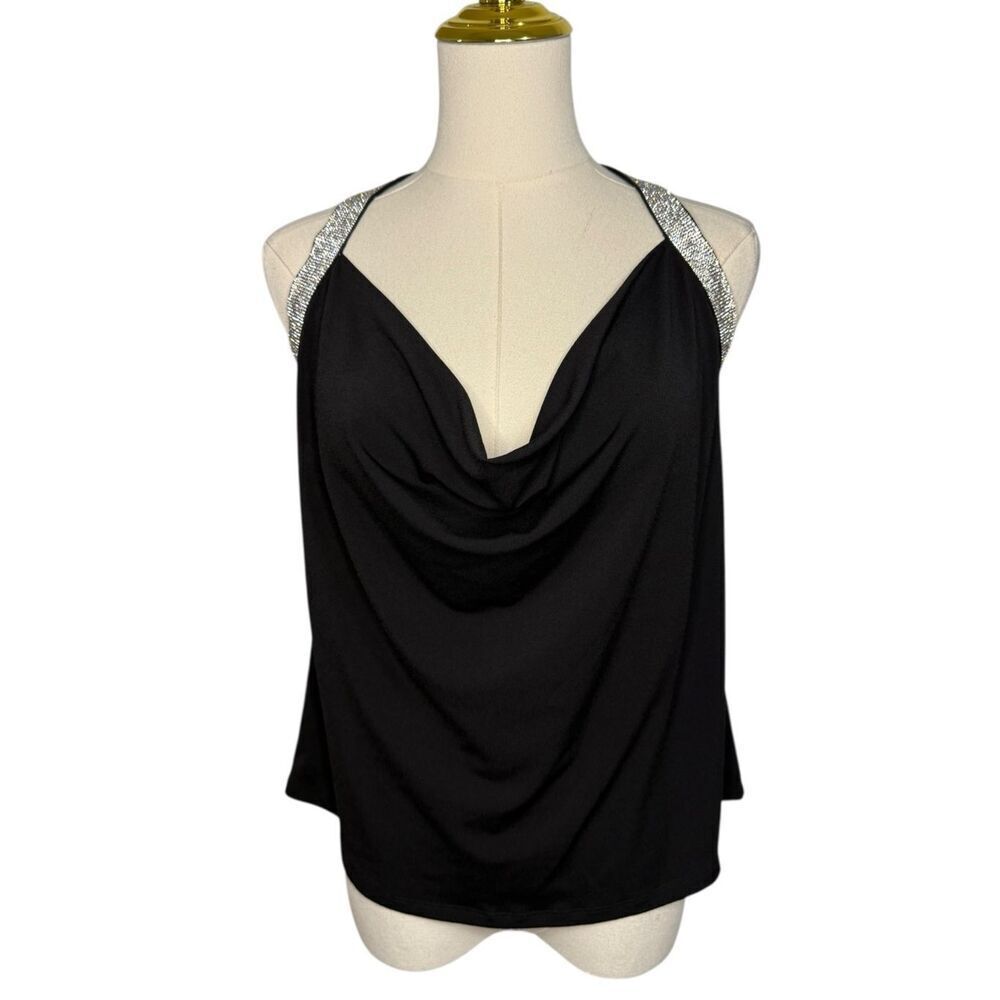Cache‎ Women’s Small Rhinestone Draped Halter Top Black Elegant Sexy Glam Y2K